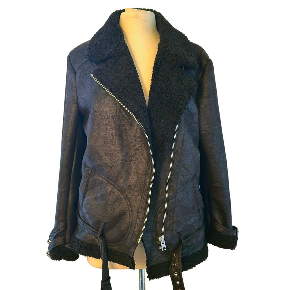 American Eagle Women's Black Faux Suede Sherpa Lined Moto Biker Coat | Size L